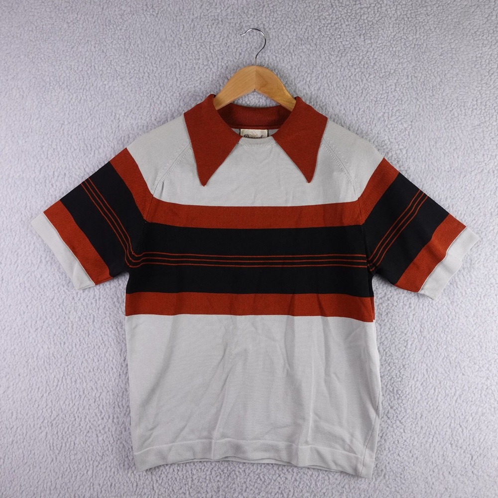 Donegal Coleseta Vintage 70s Mens Knit Polo Shirt Striped Orange Grey Black Med